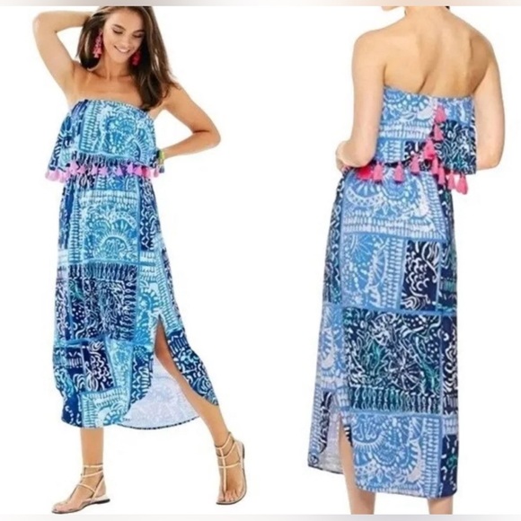 Lilly Pulitzer Strapless Blue & Pink Meridian Midi Dress Size Medium - Picture 2 of 10